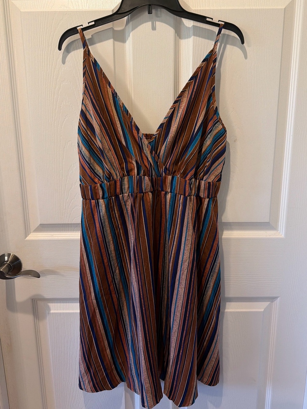 Amazon Striped V-Neck Spaghetti Strap Dress in Brown & Blue